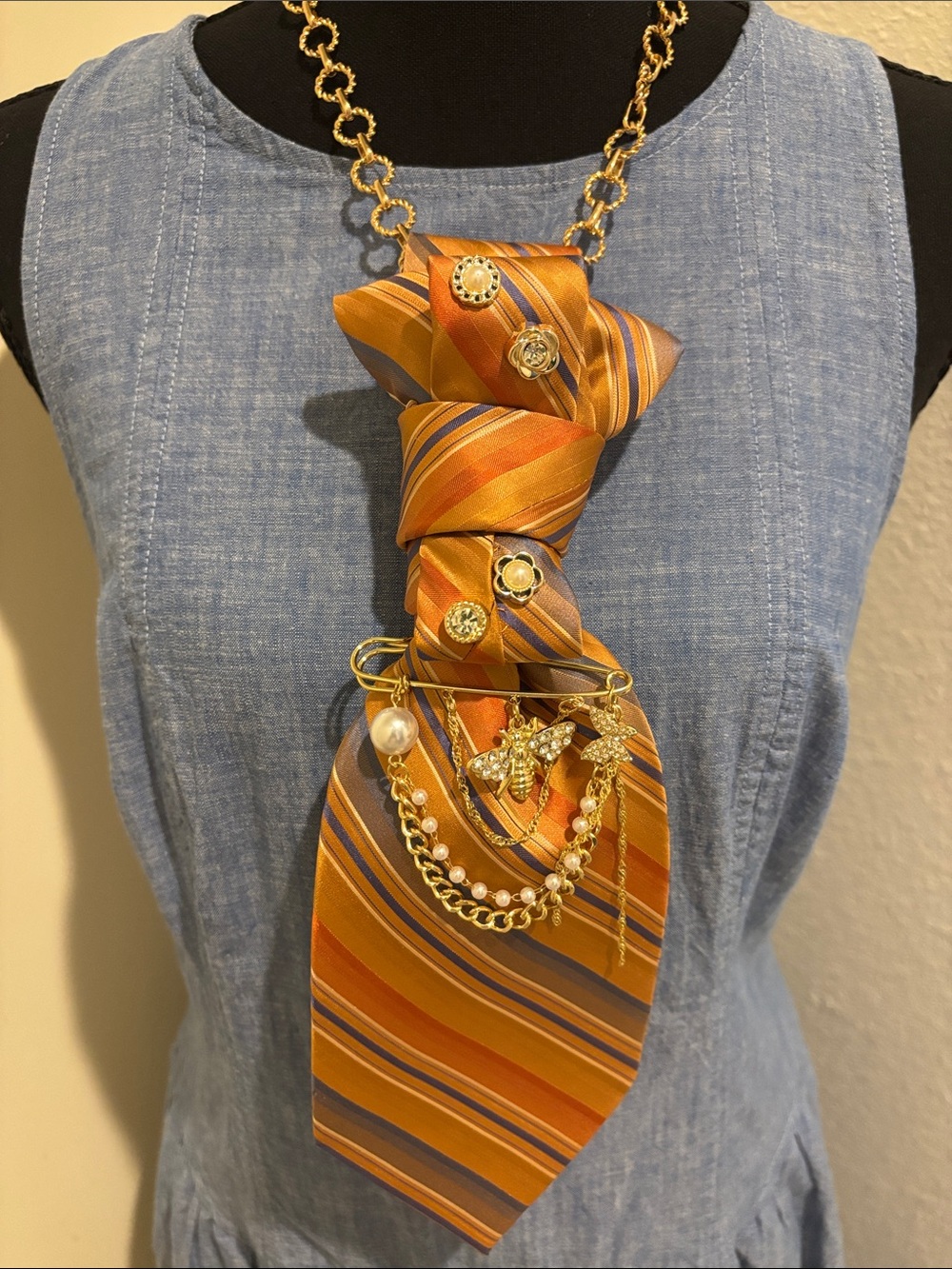 Gold-Tone Orange Striped Necktie Pendant Necklace